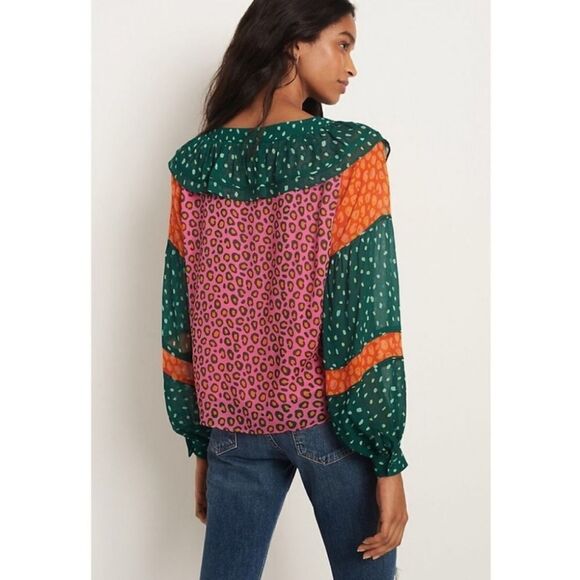 FARM RIO Anthropologie Renee Balloon Sleeve Henley Button Peasant Boho Blouse XS - Picture 5 of 15